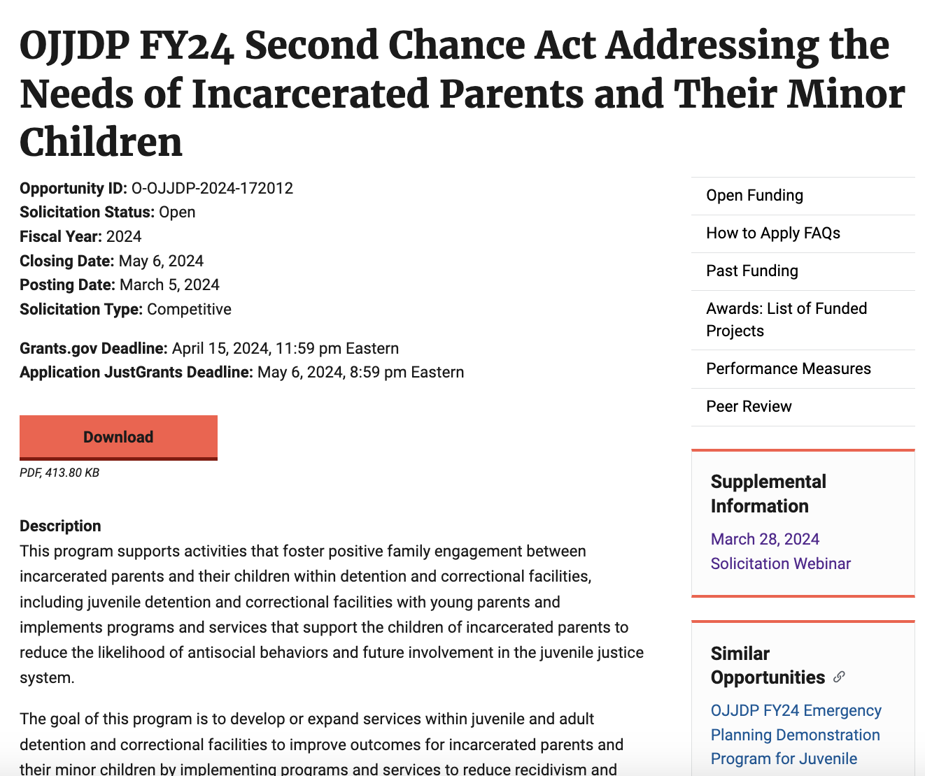OJJDP FY 2024 Second Chance Act Addressing the Needs of Incarcerated
